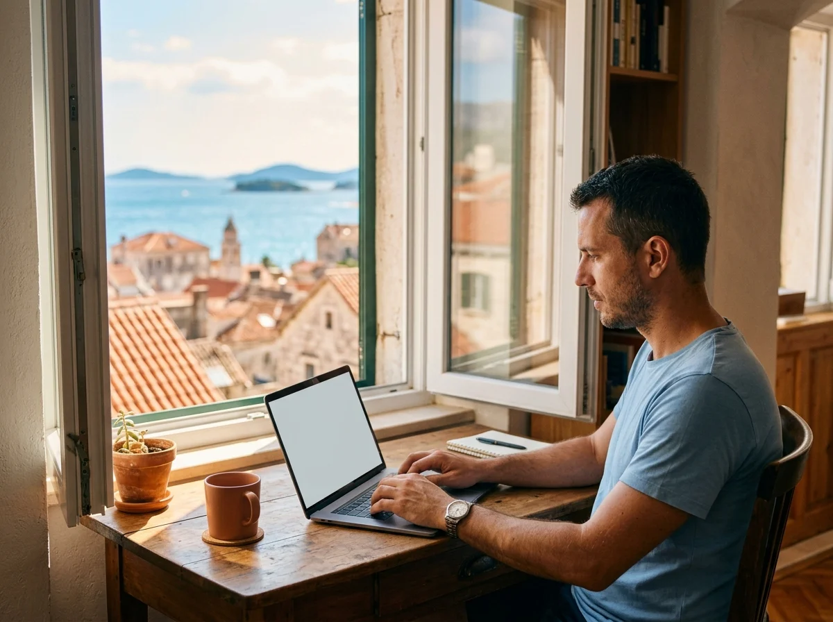 Klient pisze na laptopie przy otwartym oknie w Splicie, za oknem dachy i Adriatyk
