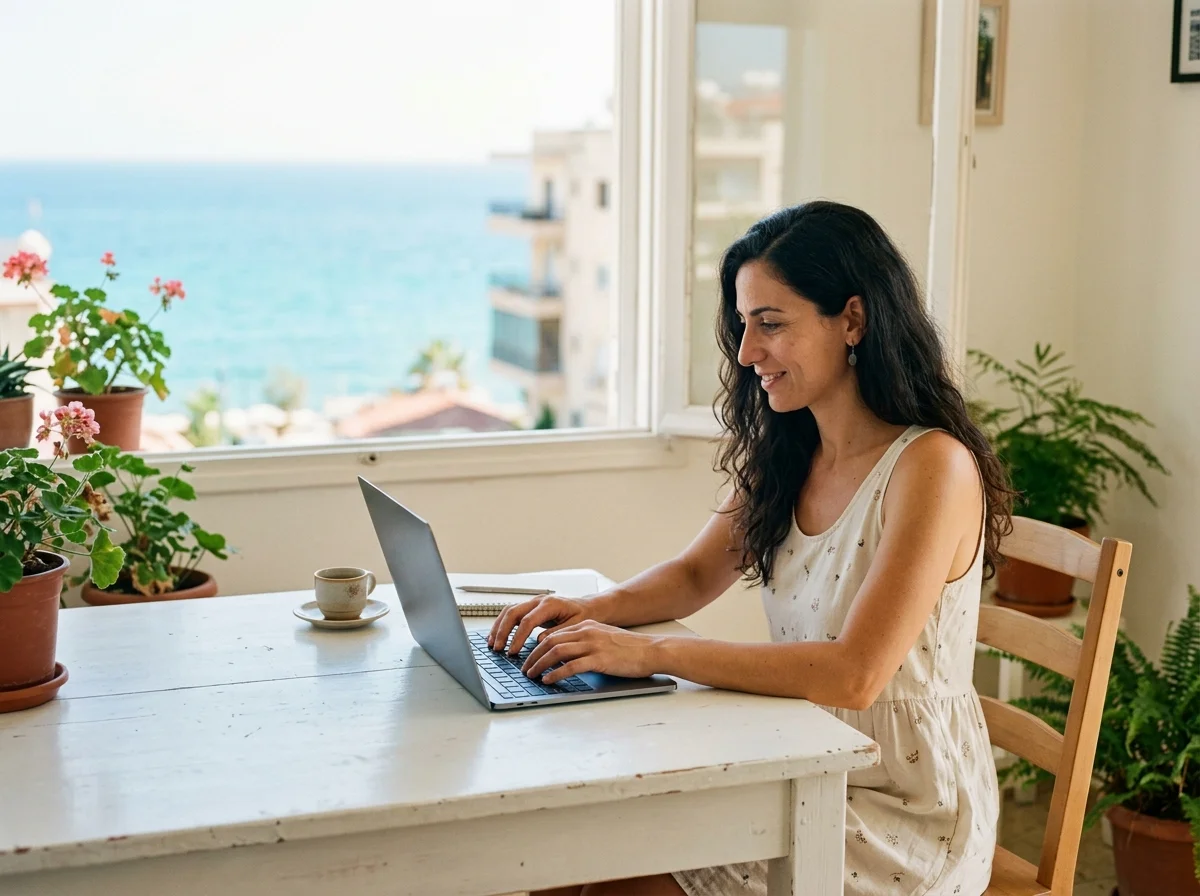 Klientka w mieszkaniu w Limassolu pisze na laptopie, za oknem morze