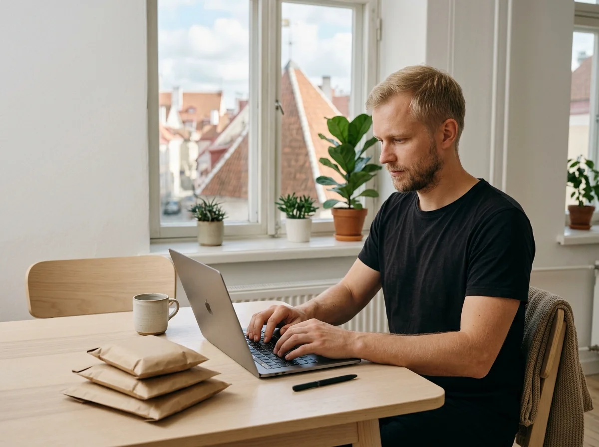 Właściciel sklepu internetowego pisze na laptopie w mieszkaniu w Tallinnie, za oknem dachy starego miasta