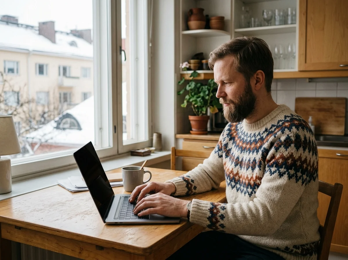 Klient w swetrze pisze na laptopie przy stole w kuchni w Helsinkach, za oknem śnieg