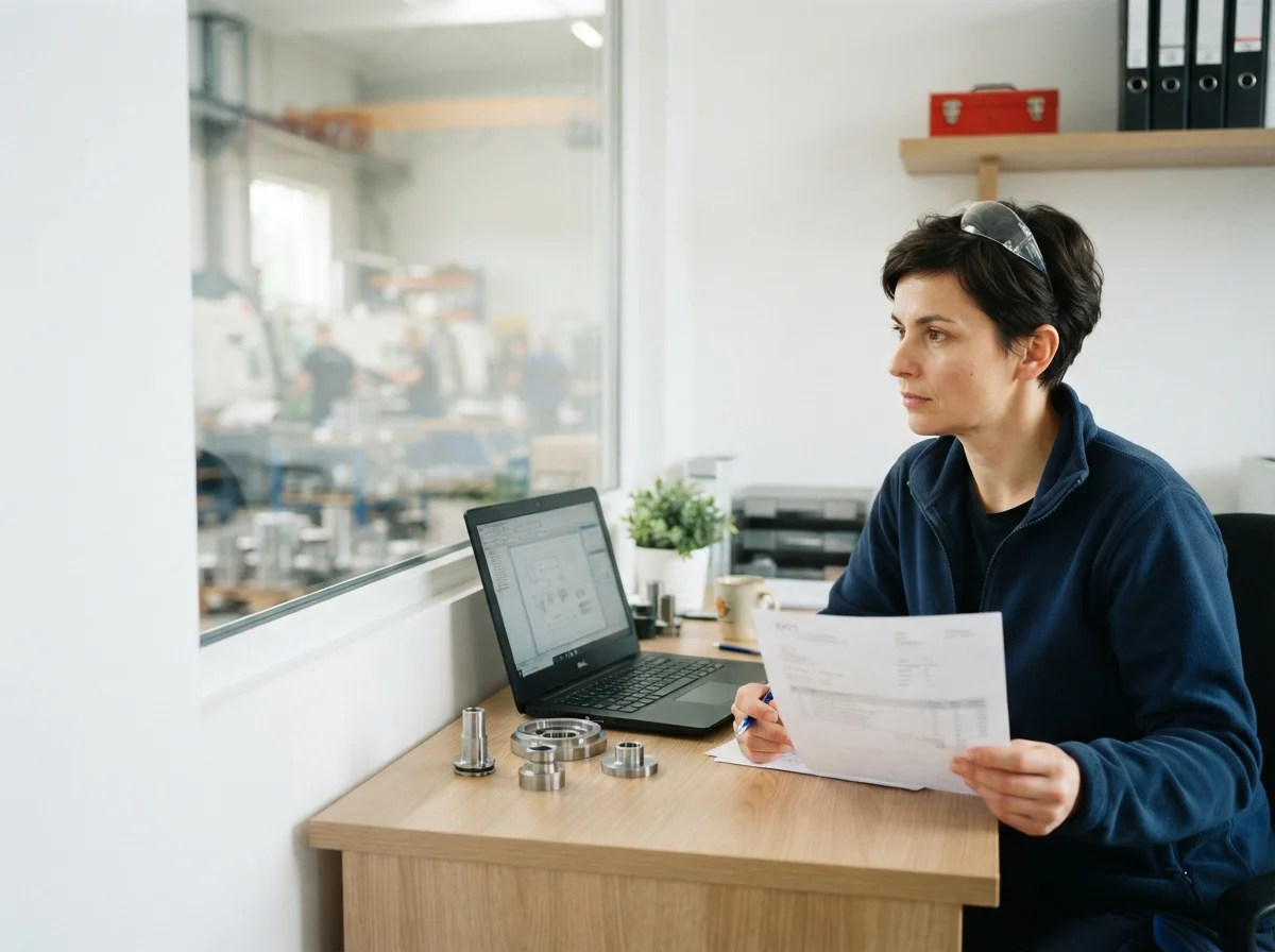 Kierowniczka sprzedaży technicznej przy biurku z częściami metalowymi, za szybą widać halę produkcyjną