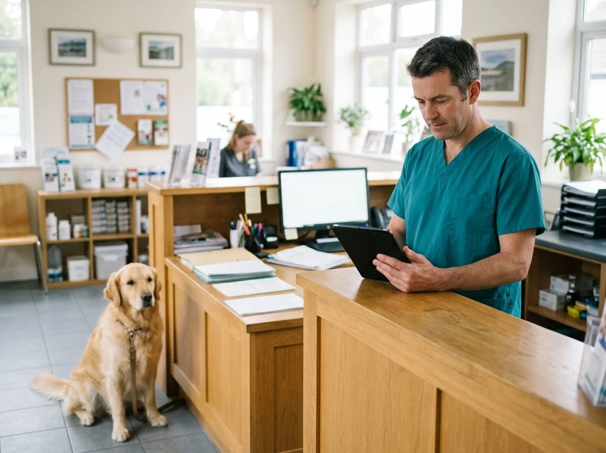 Lekarz weterynarii z tabletem przy recepcji gabinetu, obok siedzi golden retriever