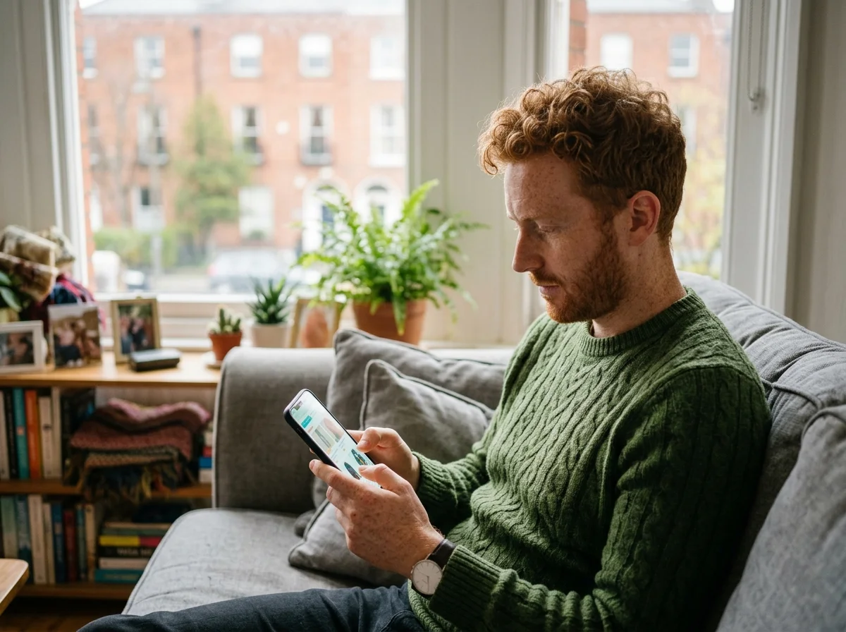 Klient w Dublinie przegląda sklep internetowy na smartfonie, siedząc na kanapie