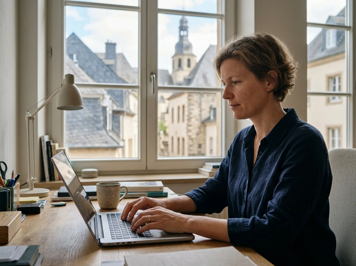 Klientka pisze na laptopie w domowym biurze w Luksemburgu, za oknem dachy starego miasta