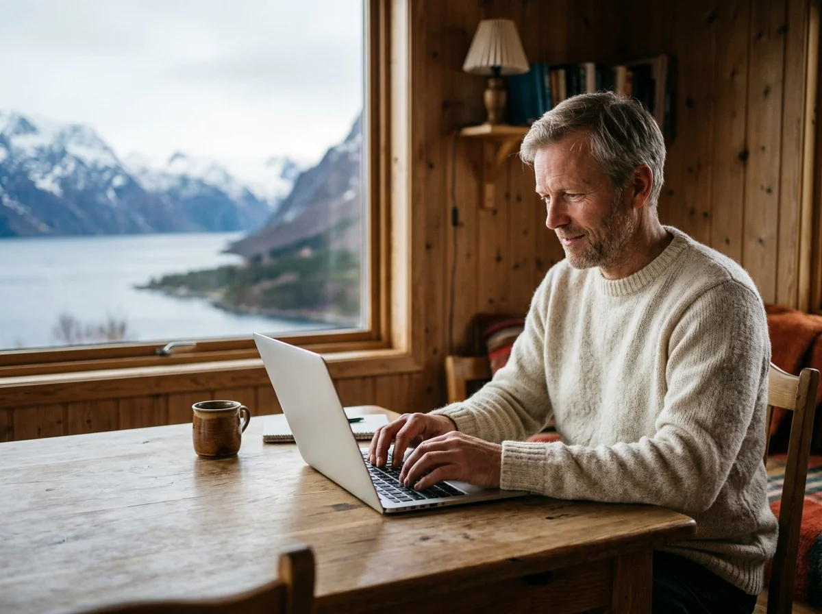 Klient w wełnianym swetrze pisze na laptopie w drewnianym domu z widokiem na fiord