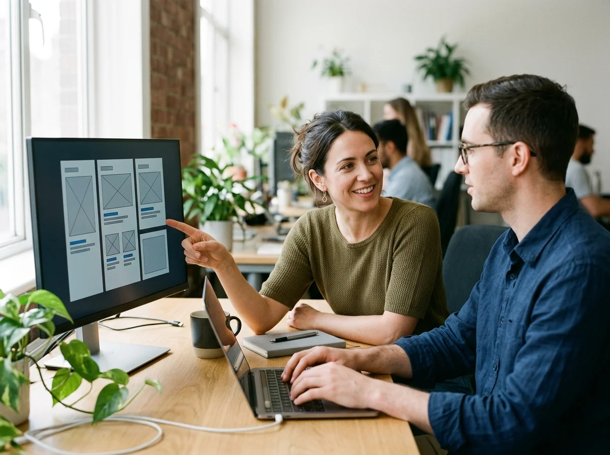 Dwoje programistów software house omawia makietę aplikacji na monitorze w jasnym biurze