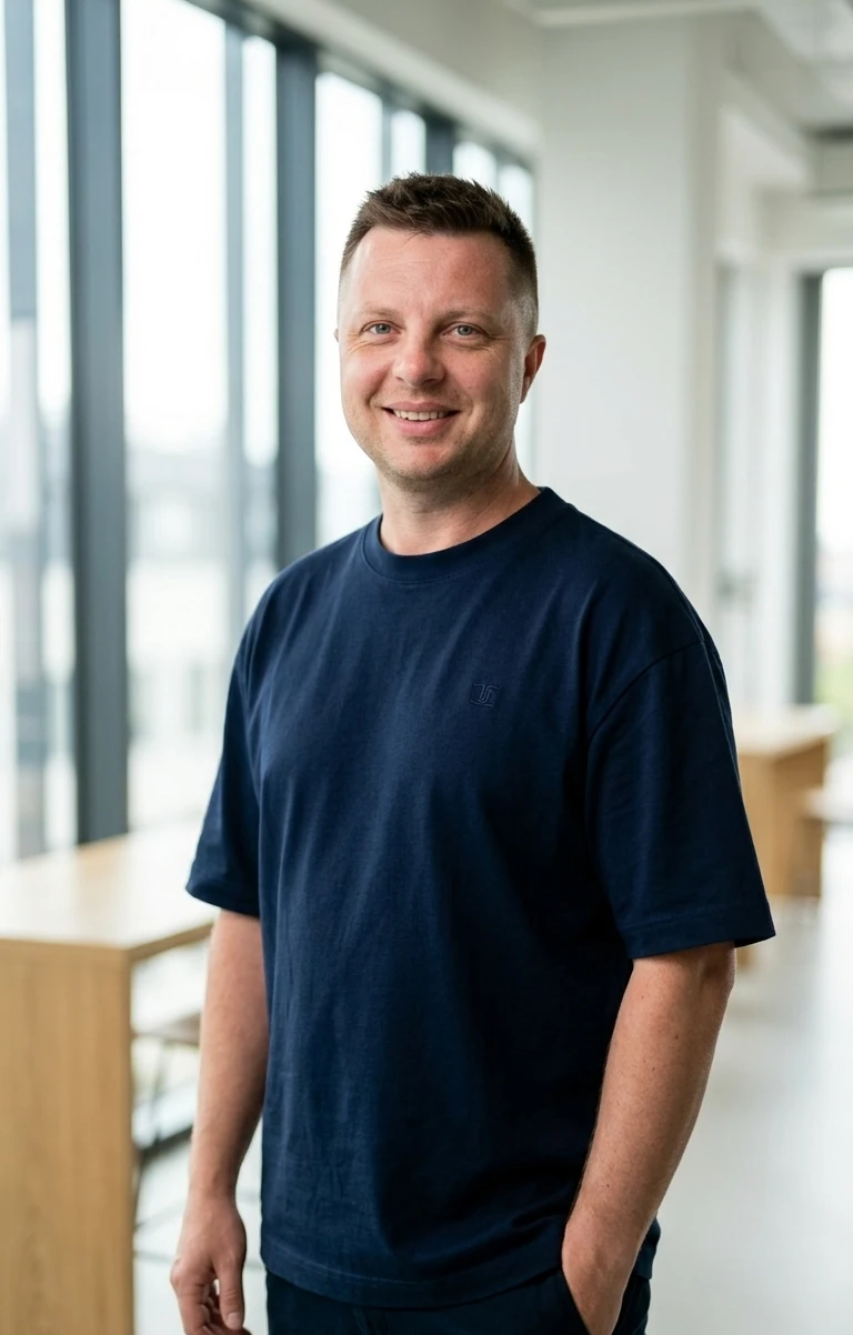 Szymon Sanecznik, specjalista Google Ads, uśmiechnięty w jasnym biurze przy oknie