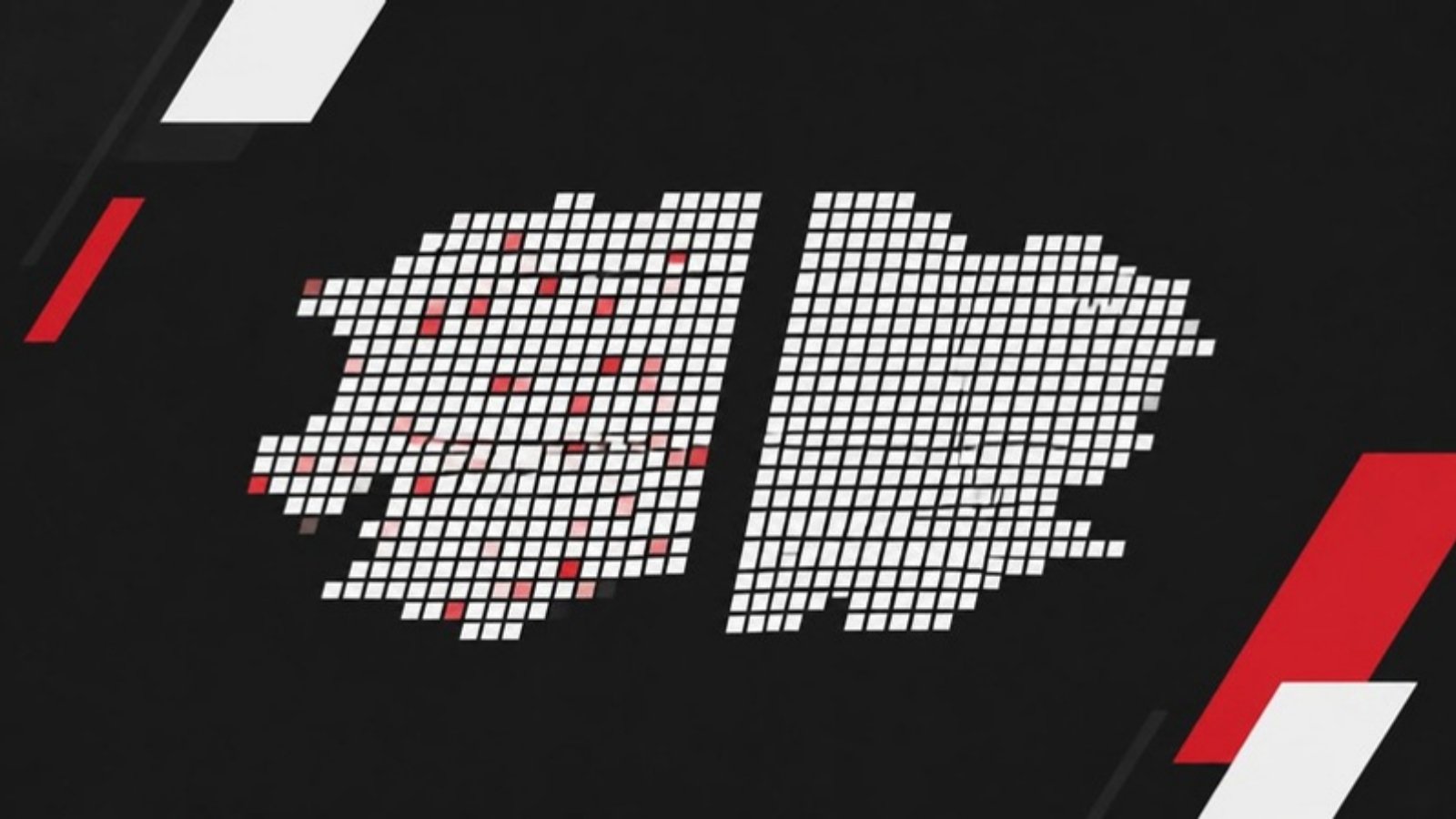 Mapa z kwadratów podzielona na dwie połowy: w lewej rozsiane czerwone regiony testowe, prawa to grupa kontrolna