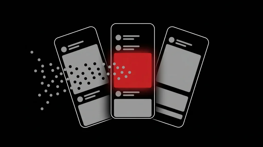 Abstrakcyjna ilustracja: trzy ekrany telefonów z feedem, do których płyną punkty odbiorców, reklama w środkowym ekranie wyróżniona czerwienią