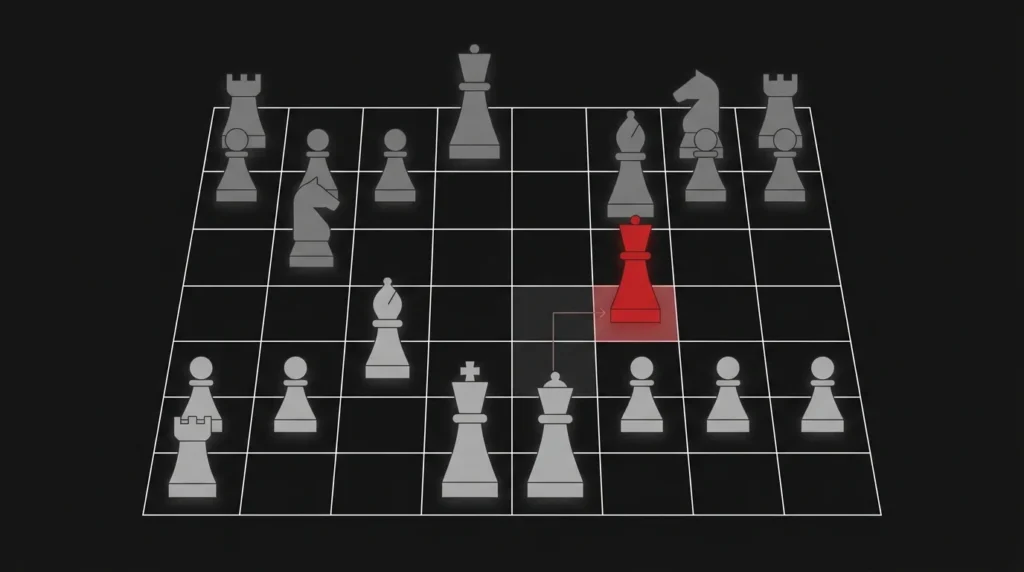 Abstrakcyjna ilustracja: szachownica z figurami, jedna czerwona figura na wyróżnionym polu jako symbol decyzji strategicznej